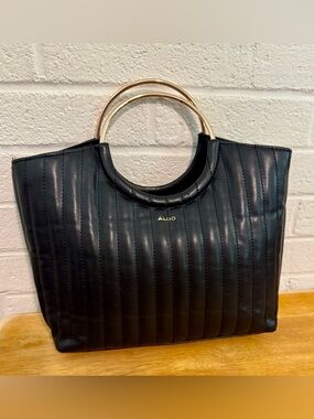 ALDO Black Leather Tote with Gold Ring Handles
